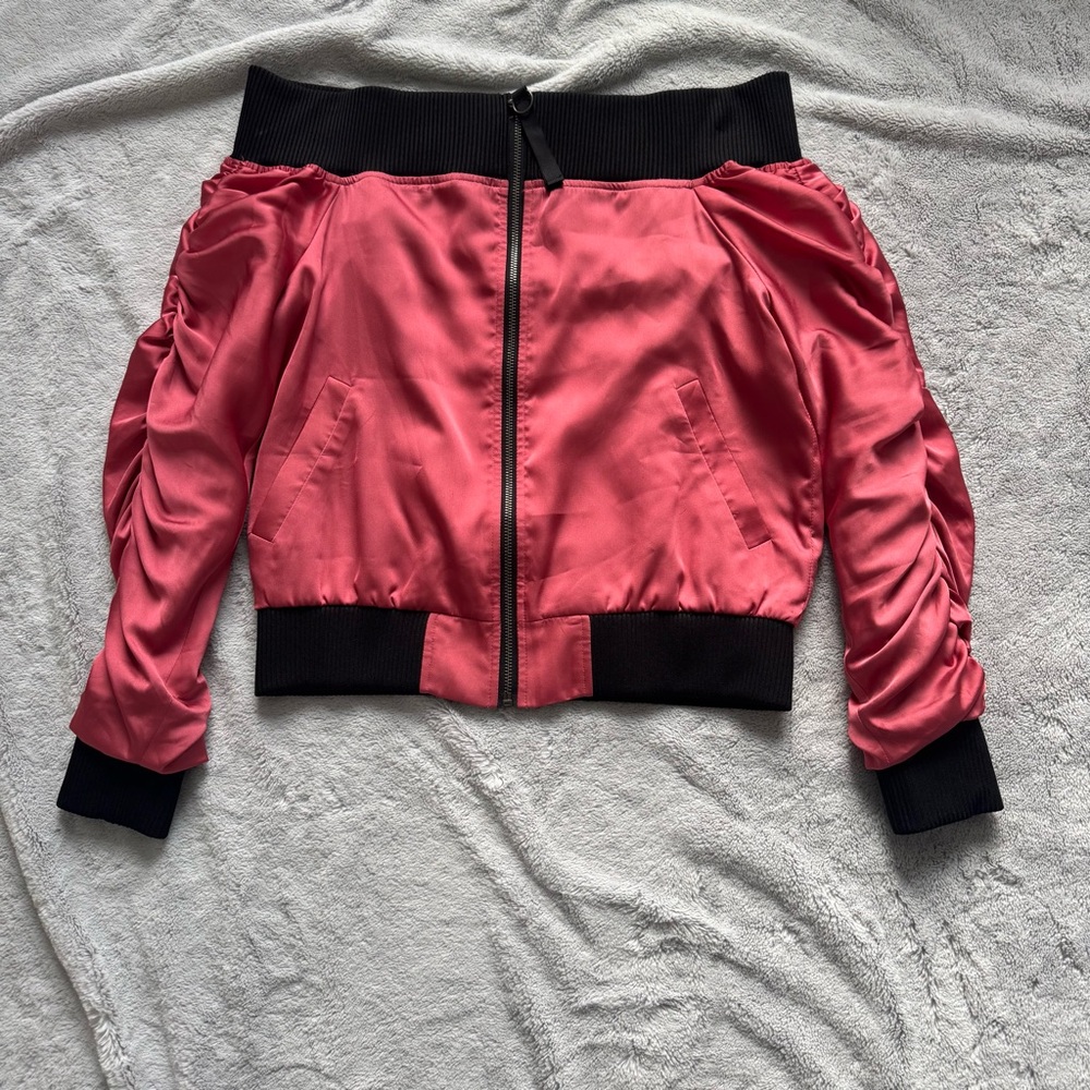 Project Runway XS Coral Off Shoulder Satin‎ Bomber Jacket Cropped